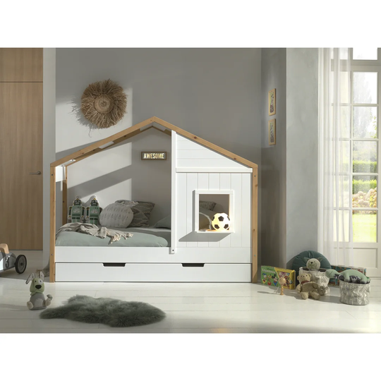 Country house bed BABS with lying surface 90 x 200 cm, incl. slatted frame and bed drawer, design part solid pine, colour oak/white