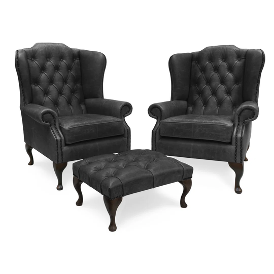 Pair Of Berkley Chesterfield Queen Anne High Back Wing Chairs (77Cm) In Tan Vintage Leather With Matching Footstall