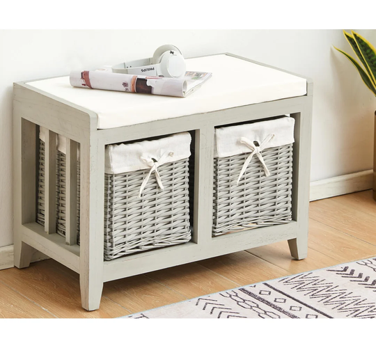 Grey Painted Wooden Hallway Bench Seat 2 Basket Pull-Out Storage Cushioned Top
