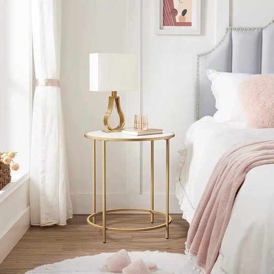 Round Side Table, End Table With Wooden Top And Golden Steel Frame, Nightstand, Bedside Table, Easy Assembly, For Living Room, Bedroom, Modern Style,
