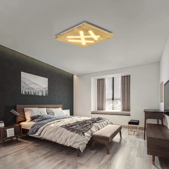 Ivy Bronx LED Ceiling Light Wood Ceiling Lamp Dimmable Lamp For Living Room Kitchen Bedroom Hallway With Remote Control Wood Light Fixture On The Ceil