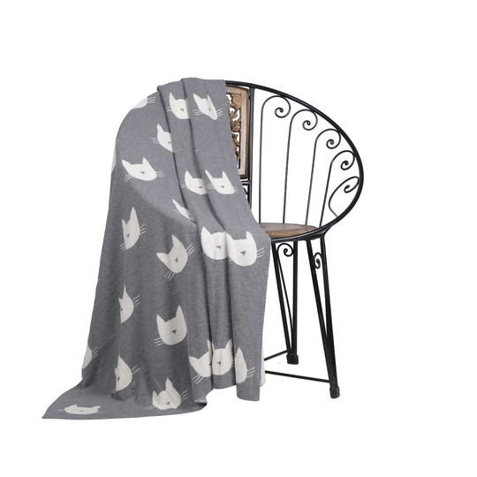 Happy Larry Knitted Throw Blanket 100% Cotton In Pet Designs - Kitty Cat Face Grey - With Extra Soft Hand Feel For Sofa Couch And Bed