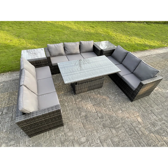 11 Seater Garden Furniture Rattan Sofa Adjustable Rising Corner Table Grey