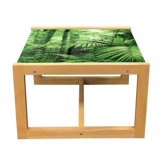 Rainforest Coffee Table, Palm Trees And Exotic Plants In Tropical Jungle Wild Nature Theme Illustration, Acrylic Glass Center Table With Wooden Frame