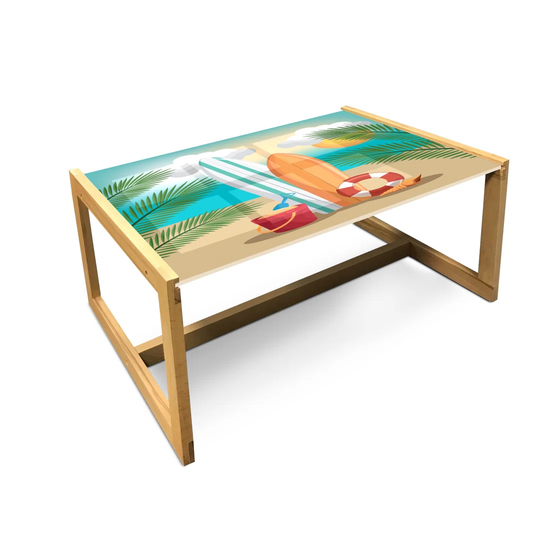 Graphic Beach Coffee Table, Summer Holiday Fun Cartoon With Surf Broads Sand Bucket And Shell, Acrylic Glass Center Table With Wooden Frame For Office