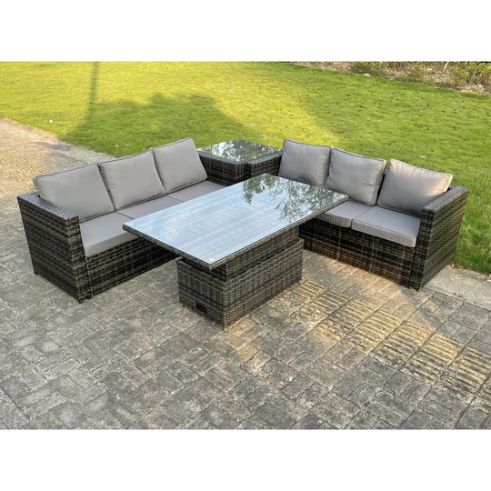 Garden Furniture Rattan Sofa Adjustable Rising Dining Table Set Outdoor Dark Grey
