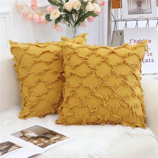 Mustard Yellow Cushion Covers 45X45cm Set Of 2, Decorative Boho Pillow Cases For Sofa, 18X18 Inch, 100% Cotton