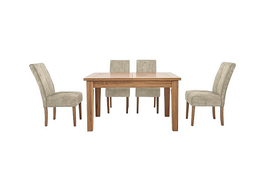 Furnitureland - California Solid Oak Rectangular Extending Table and 4 Velvet Fabric Dining Chairs