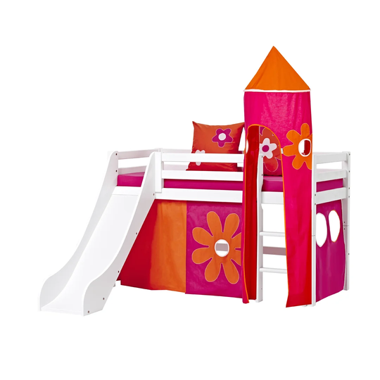 Basic Mid Sleeper Bed with Slide, Flower Power Textile Set and Tower