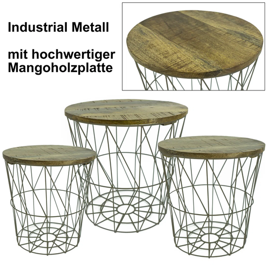 Side table, metal/mango wood, set of three, black/natural color, conical, metal/wood thickness: 3mm/1.5cm, DH 1) 39.5 x 40cm, 2) 35 x 36cm, 3) 29 x 29