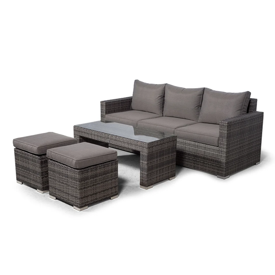 Villatoro Grey Rattan 3 Seat Sofa With 2 Stool Coffee Table, Outdoor Patio Garden Furniture