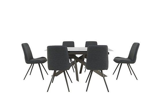 Samurai Extending Dining Table with White Stone Top and 6 Dark Grey Faux Leather Dining Chairs