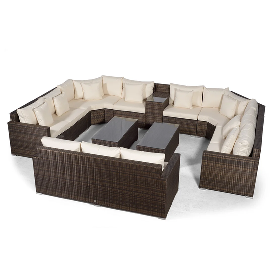 Villasenor Brown Rattan U Shape 8 Seat Sofa With 2 X Rectangular Coffee Table & 3 Seat Sofa + Drinks Cooler, Outdoor Patio Garden Furniture