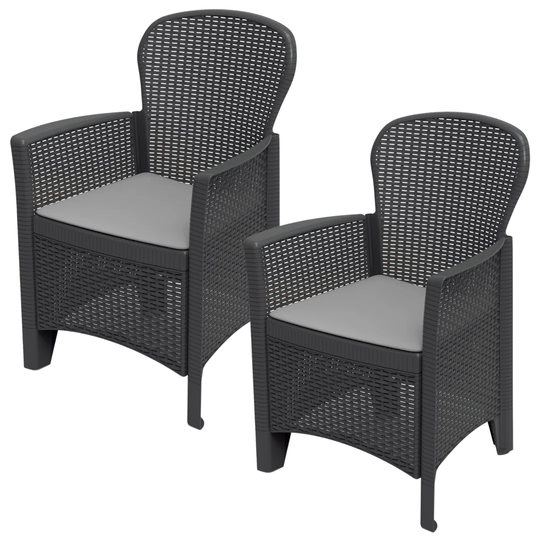 2 X Anthracite Folia Plastic Garden Chair Cushioned Seat Rattan Look Outdoor Furniture