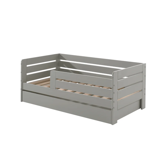 Junior bed with bed surface 70 x 140cm, border with horizontal panels, includes bed drawer, finish MDF light gray lacquered