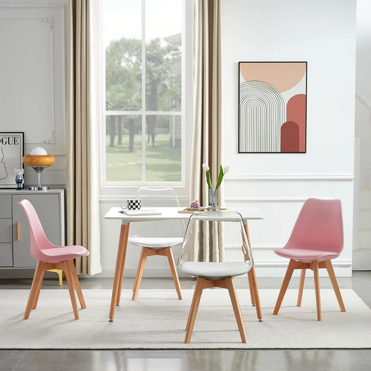 Set Of 4 Dining Chairs Upholstered Chair With Beech Wood Legs And Padded Chair For Dining Room Living Room Bedroom Kitchen Meeting Room,Pink + Transpa