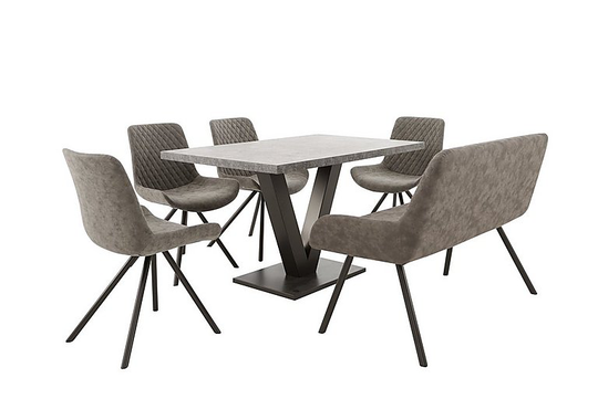 Rocket Dining Table, 4 Faux Leather Chairs and High Back Bench Dining Set