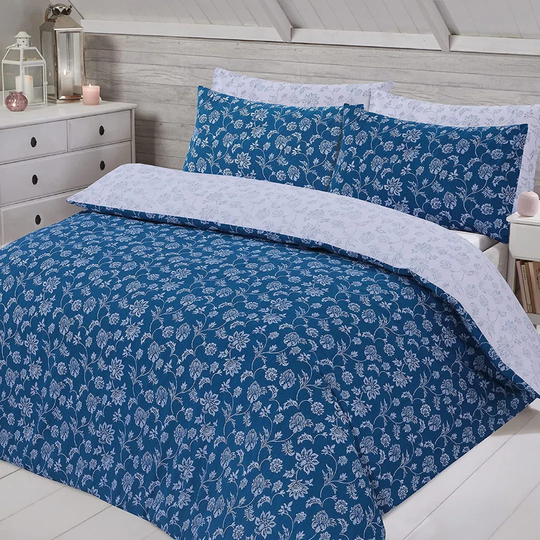 NightComfort Classic Floral Blue Cotton Rich Duvet Cover Set with Pillowcase