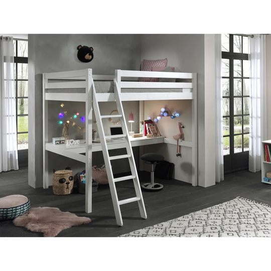 Loft Bed With Sleeping Surface 140 X 200 Cm And Large Desk Top, White Lacquered Version