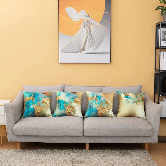 Abstract Pillow Covers Set Of 4 Nordic Pillow Cases Blue Teal And Gold Modern Decorative Cushion Covers For Sofa Couch 45X45 Cm