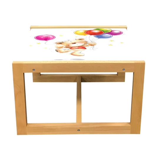Cartoon Coffee Table, Teddy Bear Colorful Balloons And Stars Cheerful Love Friends Animal Cartoon Print, Acrylic Glass Center Table With Wooden Frame