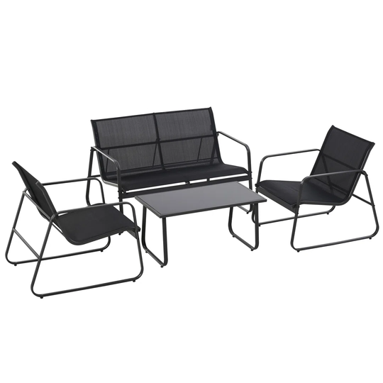 Sakura - Design Garden Lounge With Sofa + 2 Armchairs + Coffee Table With Glass Shelf. 4-piece Outdoor Lounge Set In Metal And Textilene. Black.