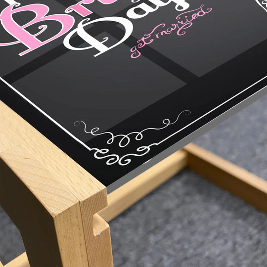 Bridal Shower Coffee Table, Happy Bride Day Words Wedding Dress Swirls Celebration Art Print, Acrylic Glass Center Table With Wooden Frame For Offices