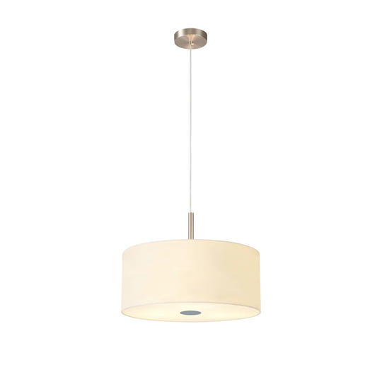 Baymont Satin Nickel 3M 3 Light E27 Single Pendant C/W 400 Faux Silk Fabric Shade, Ivory Pearl/White Laminate & 400Mm Frosted/PC Acrylic Diffuser