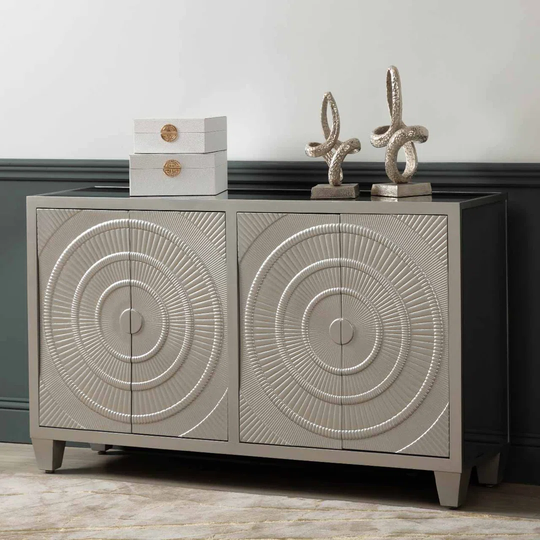 Earnshaw 140cm Wooden Sideboard for Living Room Furniture, 4 Door Buffet Cabinet with Mirrored Tabletop