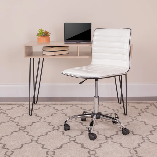 Low Back Designer Armless White Ribbed Desk Chair