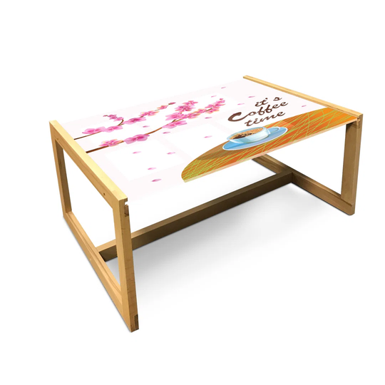 Coffee Time Coffee Table, Cartoon Of Japanese Spring Cherry Blossom Branches And Drink Cup Print, Acrylic Glass Center Table With Wooden Frame For Off