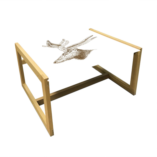Deer Hunting Coffee Table, Vintage Wild Animal Hand Drawn Sketch Rustic Engraving Illustration, Acrylic Glass Center Table With Wooden Frame For Offic