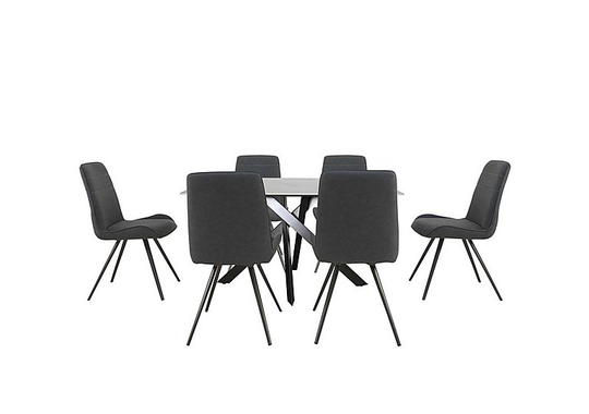 Samurai Compact Dining Table with White Stone Top and 6 Dark Grey Faux Leather Dining Chairs