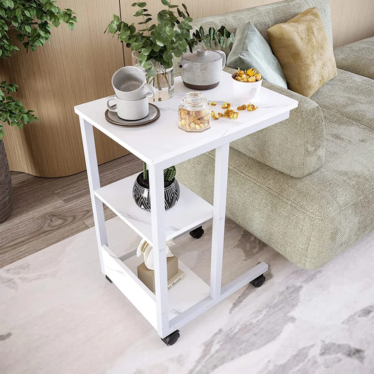 End Table With Brake Casters, Mobile Sofa Table Side Table With 2 Tier Storage Shelves, Laptop Stand Little Coffee Table On Wheels, White 114240181 On