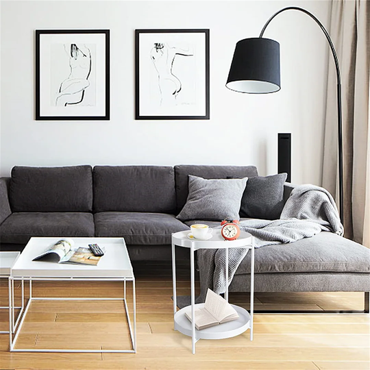 Round Tray 2-Tier Metal End Table Metal Round Side Table Coffee End Table With Removable Tray Storage Rack,Nightstand For Living Room Bedroom Balcony