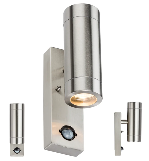 230V IP44 2 X GU10 Stainless Steel Up/Down Wall Light with Pir