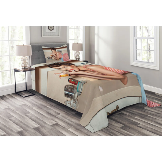Pin Up Girl Bedspread, Blue Eyed Girl Eating Cake And Lic Her Fingers With Victory Rolled Hairs, Decorative Quilted Piece Coverlet Set With Pillow Sha