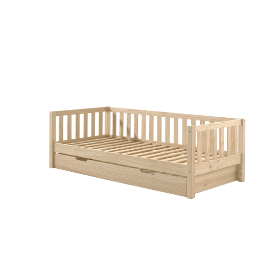 Fritz bed frame with slatted frame and 90 x 200cm bed drawer, lacquered milky white finish