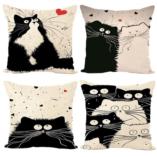 Set Of 4 Cat Pillow Cases, Throw Cushion Cover Cotton Linen Pillowcase Home Decoration,45X45cm