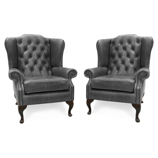 Pair Of Berkley Chesterfield Queen Anne High Back Wing Chairs (77Cm) In Green Vintage Leather