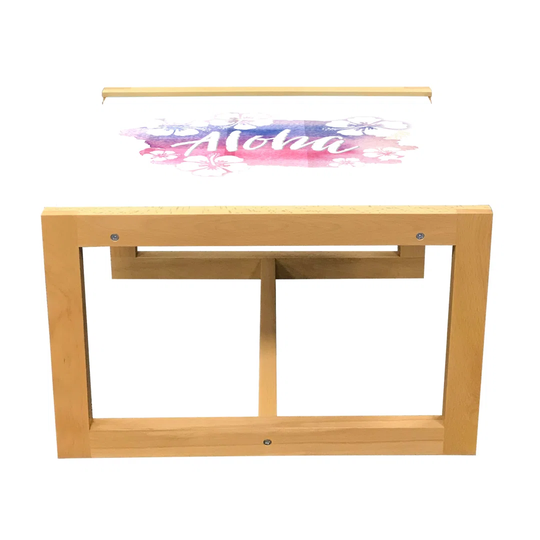 Summer Coffee Table, Aloha Calligraphy In Grunge Textured Hibiscus Flowers Watercolour Tones, Acrylic Glass Center Table With Wooden Frame For Offices