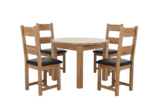 Furnitureland - California Round Solid Oak Extending Dining Table and 4 Wood Ladder Back Chairs