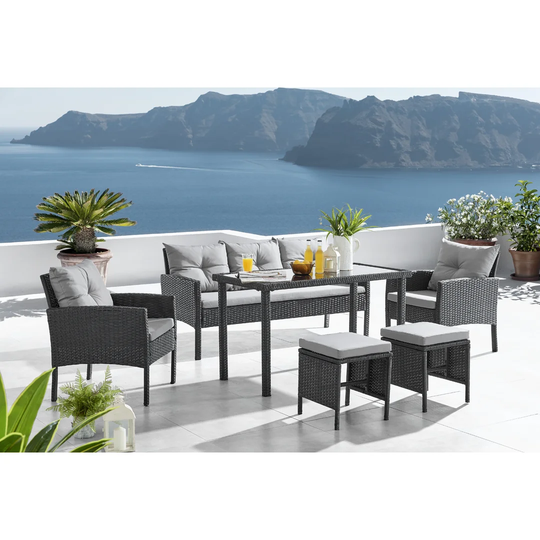 Set Of 2 Armchairs, 2 Ottomans, Sofa And Table Clary Black/grey