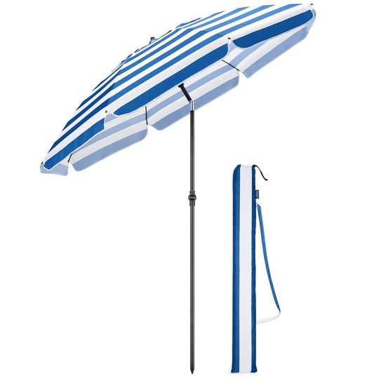 Striped Beach Umbrella Parasol 2M Tilting Sun Shade UV Protection Portable With Bag (Blue)