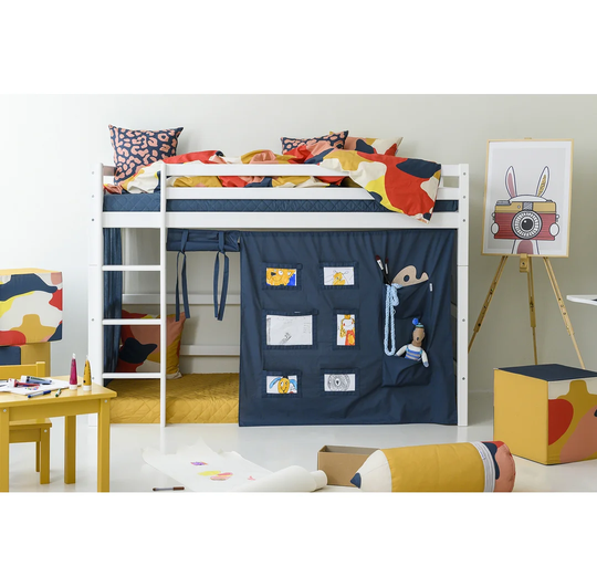 Basic European Single (90 x 200cm) Middle Loft Bed with Creator Blue Curtain