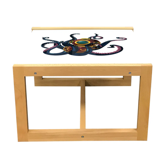Vintage Nautical Tattoo Coffee Table, Funny Colorful Octopus And Curly Tentacles In Retro Diving Suit, Acrylic Glass Center Table With Wooden Frame Fo