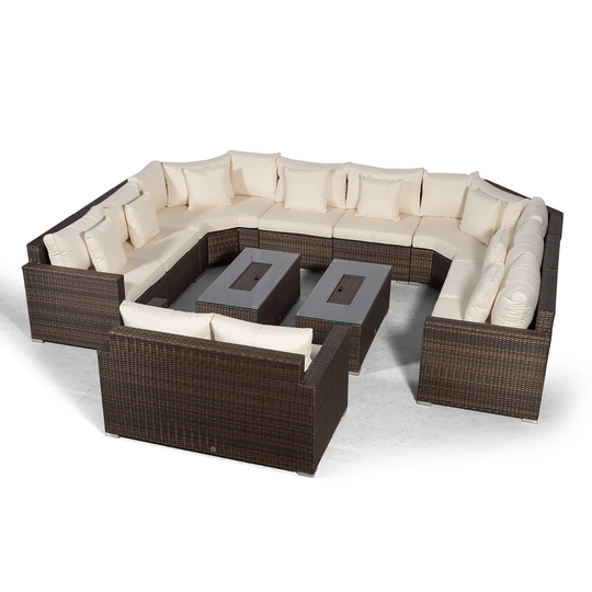 Villasenor Brown Rattan 8 Seat Sofa With 2 X Rectangle Ice Bucket Coffee Table & 2 Seat Sofa, Outdoor Patio Garden Furniture
