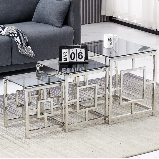 3- Piece Stainless Steel Nest Of Tables With Tempered Glass Top For Living Room(Grid)