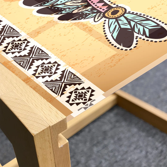 Tribal Coffee Table, Feather Headband On Vintage Background Folk Aztec Illustration, Acrylic Glass Center Table With Wooden Frame For Offices Dorms Pa