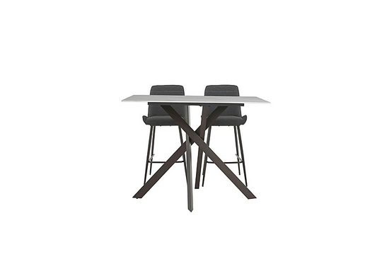 Samurai Bar Table with White Stone Top and 2 Dark Grey Faux Leather Bar Stools